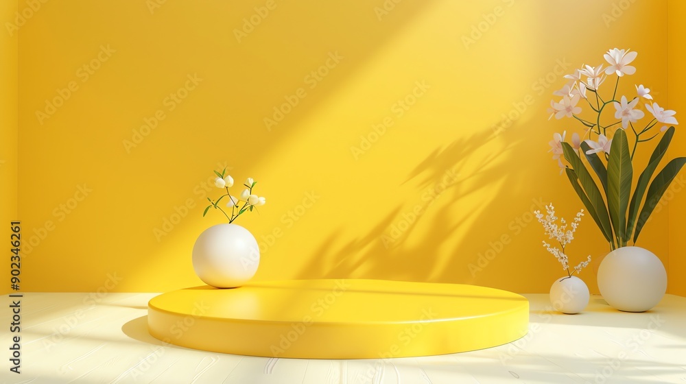 Poster 3d rendering of a yellow podium with a flower vase on it. the background is a yellow wall with a sha