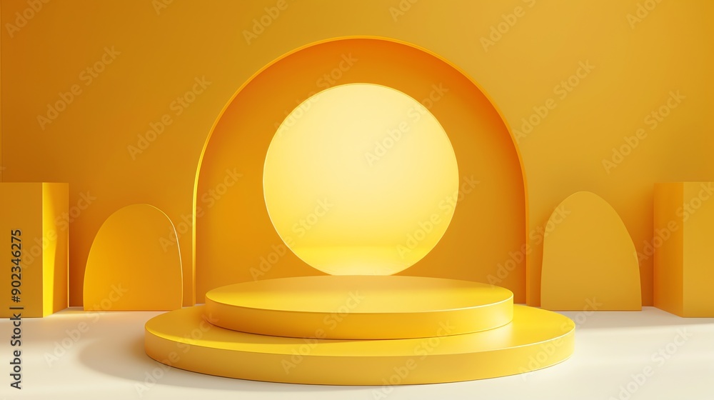 Poster 3d rendering of a yellow podium with a large yellow circle in the background.