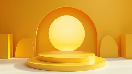 3D rendering of a yellow podium with a large yellow circle in the background.