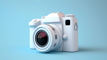 A minimal render of a white camera on a blue background. The camera is in focus and centered in the frame.