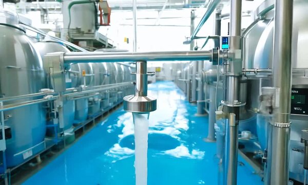 Gate valve used to supply clean water to filtration system closeup. Water treatment plant control systems direct water to filtration tanks 4k video