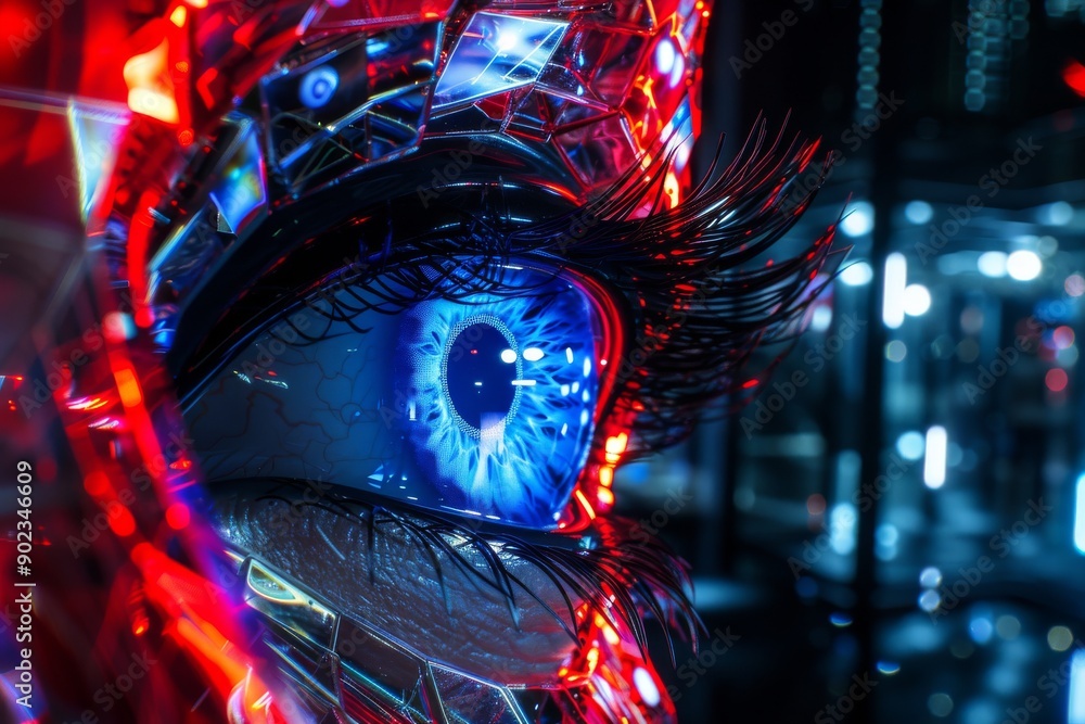 Aufkleber close up of a blue eye with intricate digital patterns symbolizing the fusion of human vision and ad