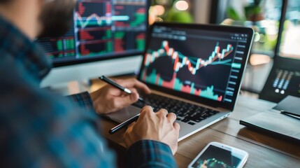 Fototapeta premium Confident stock trader analyzing financial data on multiple computer screens while working at his desk.
