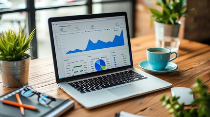 Fototapeta premium A desk with a laptop, coffee cup, and plant on it. The laptop is open and displaying a financial dashboard.