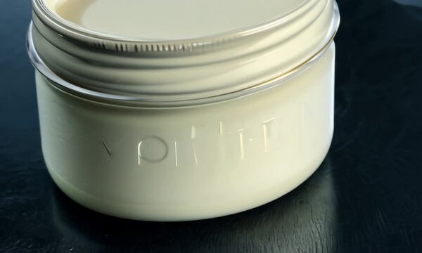 cream jar top view on black surface rotation 4k video