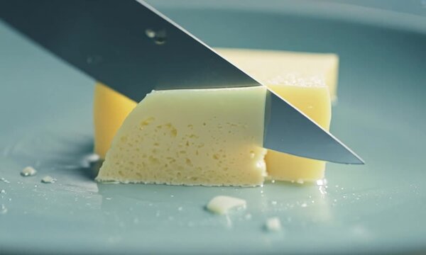 Cutting the fresh butter with knife, macro shot. Putting knife into butter, close up. 4k video