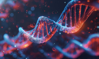 Glowing DNA Helix Structure in a Field of Red Particles in a Microscopic Environment