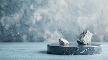 Dramatic black podium on a stone background with rock texture, creating a 3D stage with abstract geometric marble design and dark studio atmosphere.