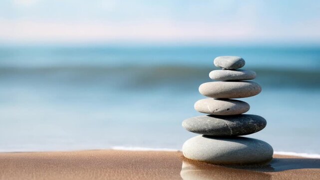 A stack of rocks on a beach. The rocks are arranged in a pyramid shape. The scene is calm and peaceful, with the ocean in the background. The rocks are a symbol of stability and strength