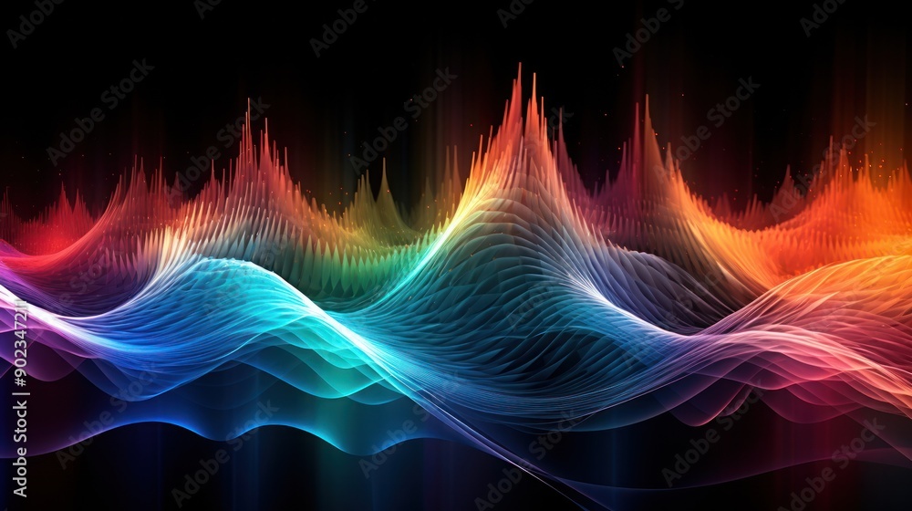 Poster artistic depiction of music sound waves in a dynamic pattern with a spectrum of colors