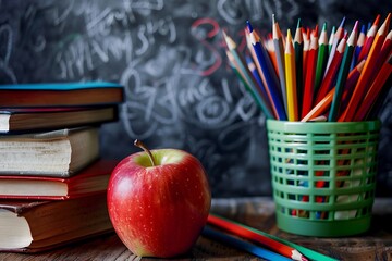 Back to school concept ,Close-up of apple on stack of books with pen holder