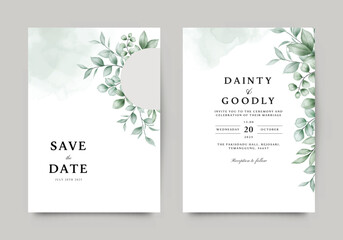 Elegant wedding invitation template with beautiful watercolor leaves
