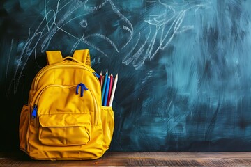 Yellow school backpack with alarm clock, pencil case and notebooks on wooden table