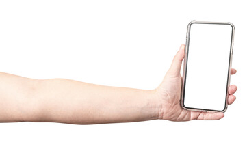 The male hand holding phone is isolated on a white background and isolated screen.