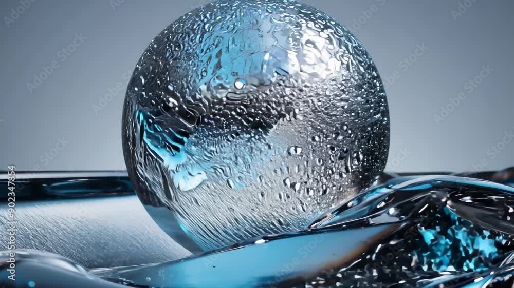 Poster intricate reflection of droplets on metallic surface with a spherical object in a soft light setting