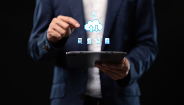 Collect data through the online cloud system big data Hologram Icon