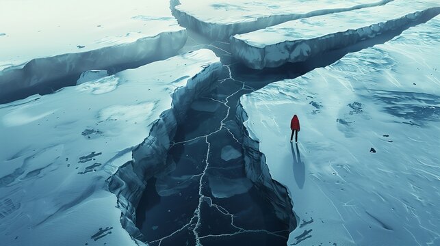 A lone person stands near a massive ice crevasse in a snowy, icy landscape, showcasing the grandeur and isolation of nature.