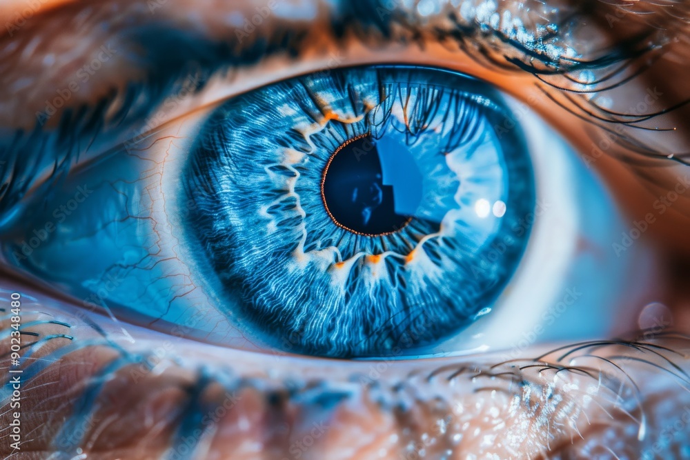 Aufkleber close up of a blue eye with intricate digital patterns symbolizing sharp vision and the integration 