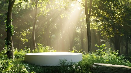 White Platform in a Sunlit Forest Clearing
