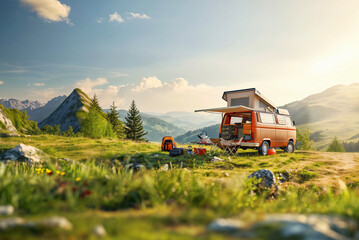 Naklejka premium Camper car on the top of a mountain Camping in the mountains