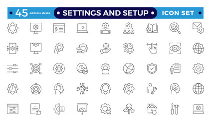 Settings and setup icon set. Containing options, configuration, preferences, adjustments, operation, gear, control panel, equalizer, optimization, and setup icons. Editable stroke outline icon.