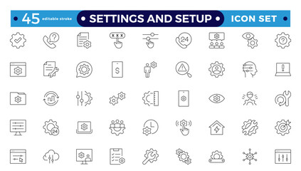 Settings and setup icon set. Containing options, configuration, preferences, adjustments, operation, gear, control panel, equalizer, optimization, and setup icons. Editable stroke outline icon.