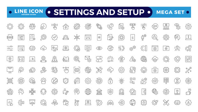 Settings and setup icon set. Containing options, configuration, preferences, adjustments, operation, gear, control panel, equalizer, optimization, and setup icons. Editable stroke outline icon.