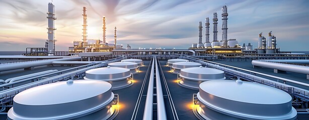 Realistic image of industrial tanks and pipelines, taken with lens, more clarity with clear light and sharp focus, high detailed