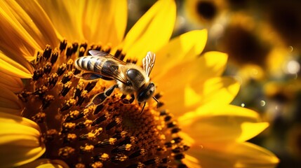 Obraz premium Sunflower petals illuminated by sunlight as a bee works on gathering pollen from the flower