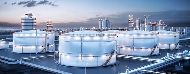 A modern industrial facility with large storage tanks and towers under a twilight sky, highlighting energy infrastructure.