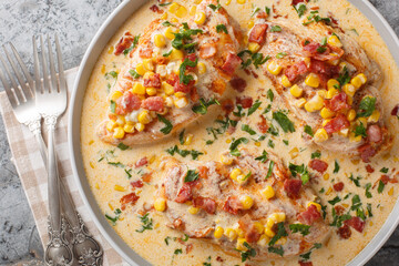 Garlic butter, bacon and creamy corn chicken closeup on the plate on the table. Horizontal top view from above