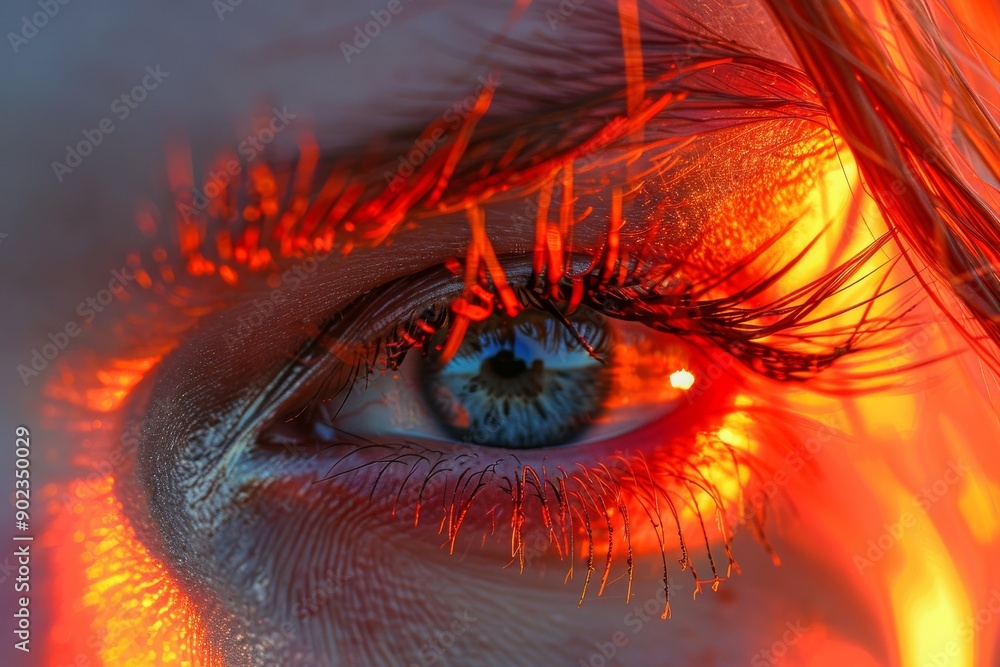 Poster eye with fiery reflections highlighting intense vision and the integration of natural elements with 