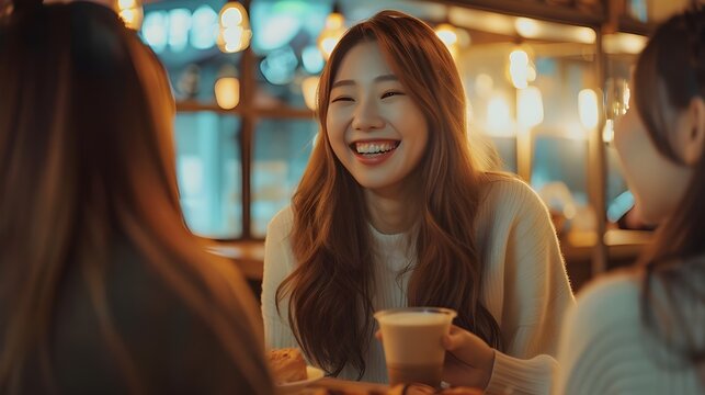 Daily Life: A Happy Korean Woman Socializing, Laughing with Friends at a Cozy Caf&eacute;