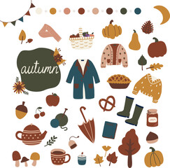 hand drawn illustration set of autumn holiday vibe sticker pack. Cute hygge motif elements doodle in flat style design. For poster, card, scrapbooking, invitation, graphic resource, social media,print