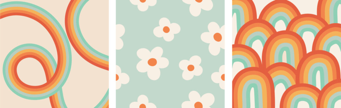 Hand drawn vector illustration of abstract pastel groovy rainbow, daisies floral background set. template for banner, concept design, social media, background, children wallpaper
