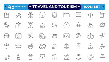 Travel icon set. Summer vacations and holiday symbol vector illustration. Collection of traveling and tourism elements. Travel and tourism icon set. Airplane, trip. Editable stroke outline icon.
