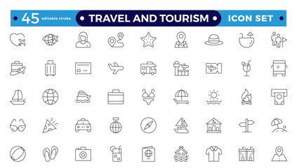 Travel icon set. Summer vacations and holiday symbol vector illustration. Collection of traveling and tourism elements. Travel and tourism icon set. Airplane, trip. Editable stroke outline icon.
