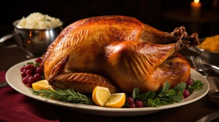 A beautifully roasted Thanksgiving turkey placed on a festive dining table, 