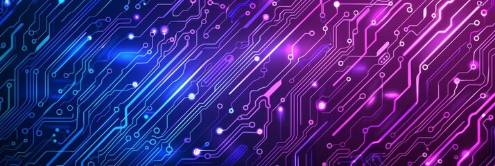 Futuristic circuit board pattern with vibrant blue and purple neon glow, representing technology and innovation.