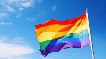 A close-up shot of a rainbow pride flag waving gently in the wind, with a clear blue sky in the background.
