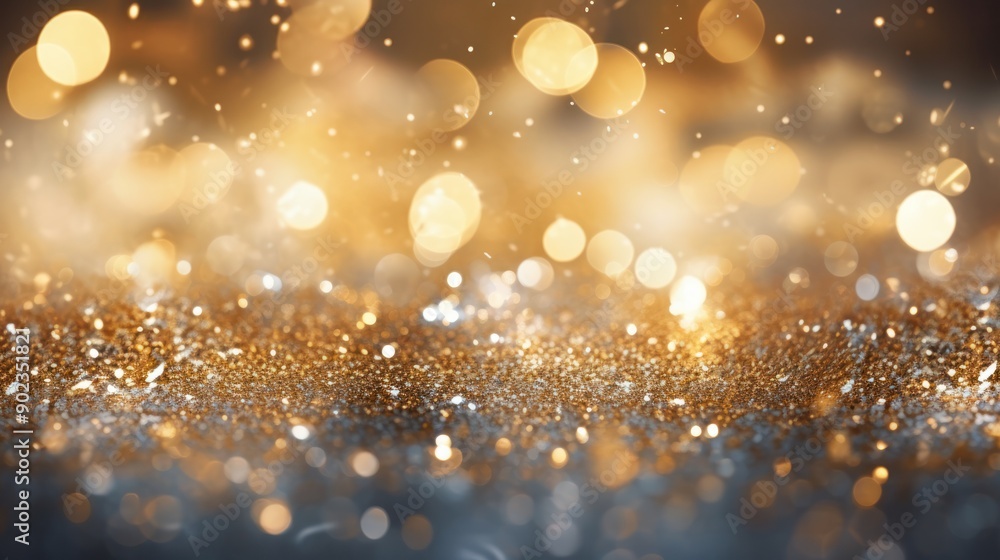 Poster a festive background featuring a glittering effect with sparkling gold and silver particles creating