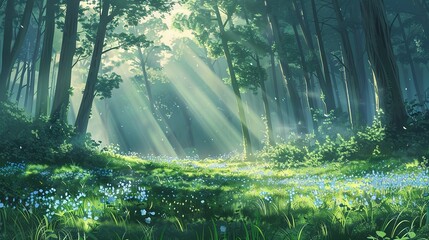 Fototapeta premium Sunbeams Illuminating a Forest Clearing with Blue Flowers