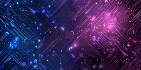 Abstract circuit board pattern in purple and blue tones, representing modern technology and innovation.