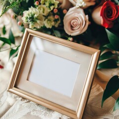 Empty golden frame with space for text on wedding backdrop