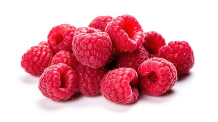 A pile of raspberries arranged neatly on a white background, highlighting their natural shine
