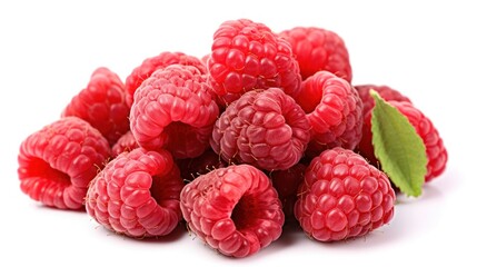 A pile of raspberries arranged neatly on a white background, highlighting their natural shine