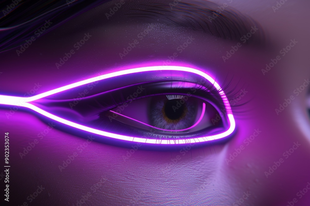 Poster close up of a neon pink eye with intricate patterns representing sharp vision and the integration of