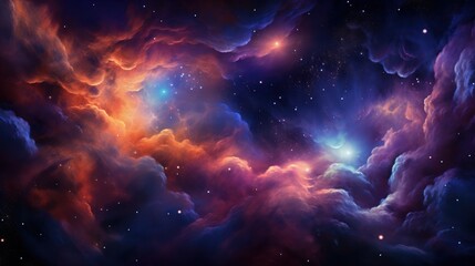 Fototapeta premium An awe-inspiring cosmic scene featuring a colorful nebula with bright, swirling clouds of red, orange, and teal. The image depicts a supernova explosion and a dense star field