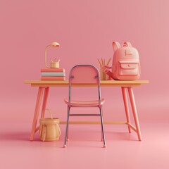 A stylish pink-themed study desk with modern school items like books, lamp, chair, and backpack.