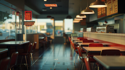 Fototapeta premium Empty Fast food restaurants in a busy hours with customers and workers, waitress and customer service men and women attending customers with smiles, serving food and taking order